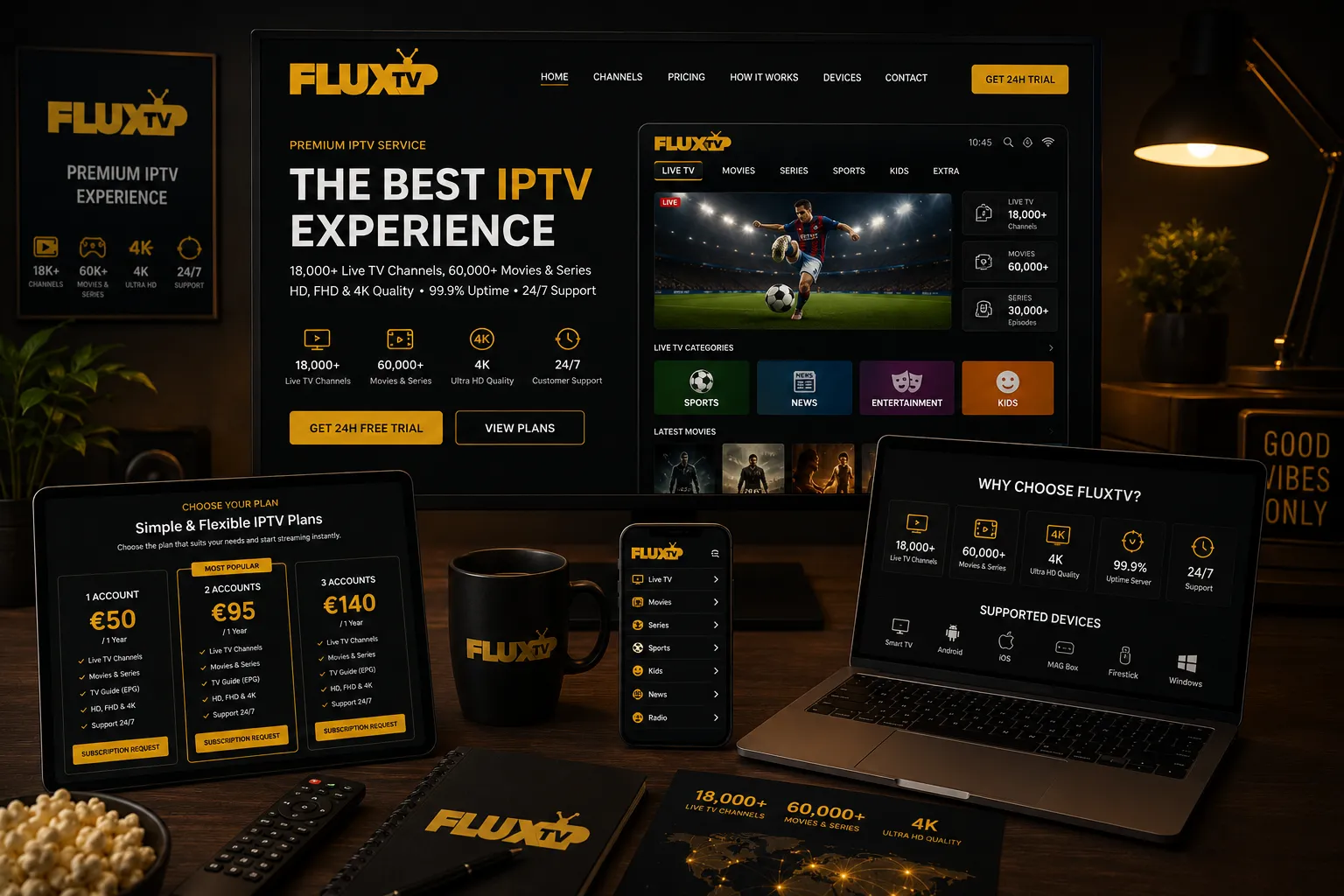 FLUXIPTV premium IPTV service with IPTV Test on Smart TV, Android TV, Firestick, Apple TV, Windows PC, Mac, iPhone and Android devices